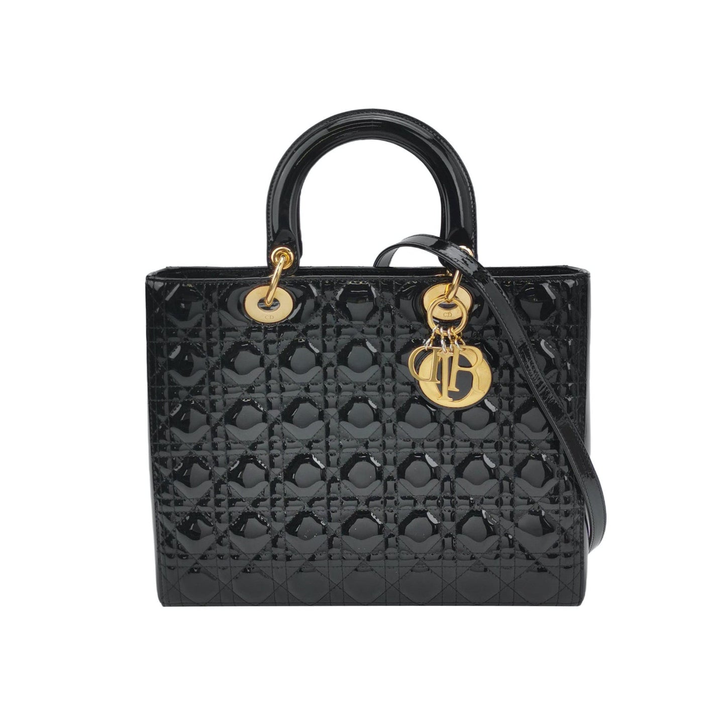 Dior Lady Patent Handbag With Strap Leather Black Travel Bag