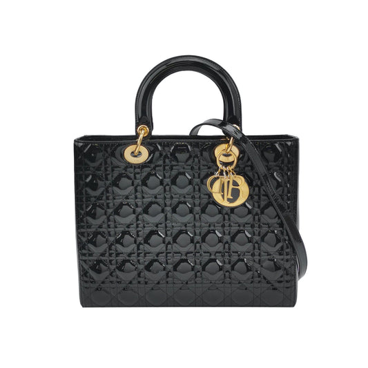 Dior Lady Patent Handbag With Strap Leather Black Travel Bag