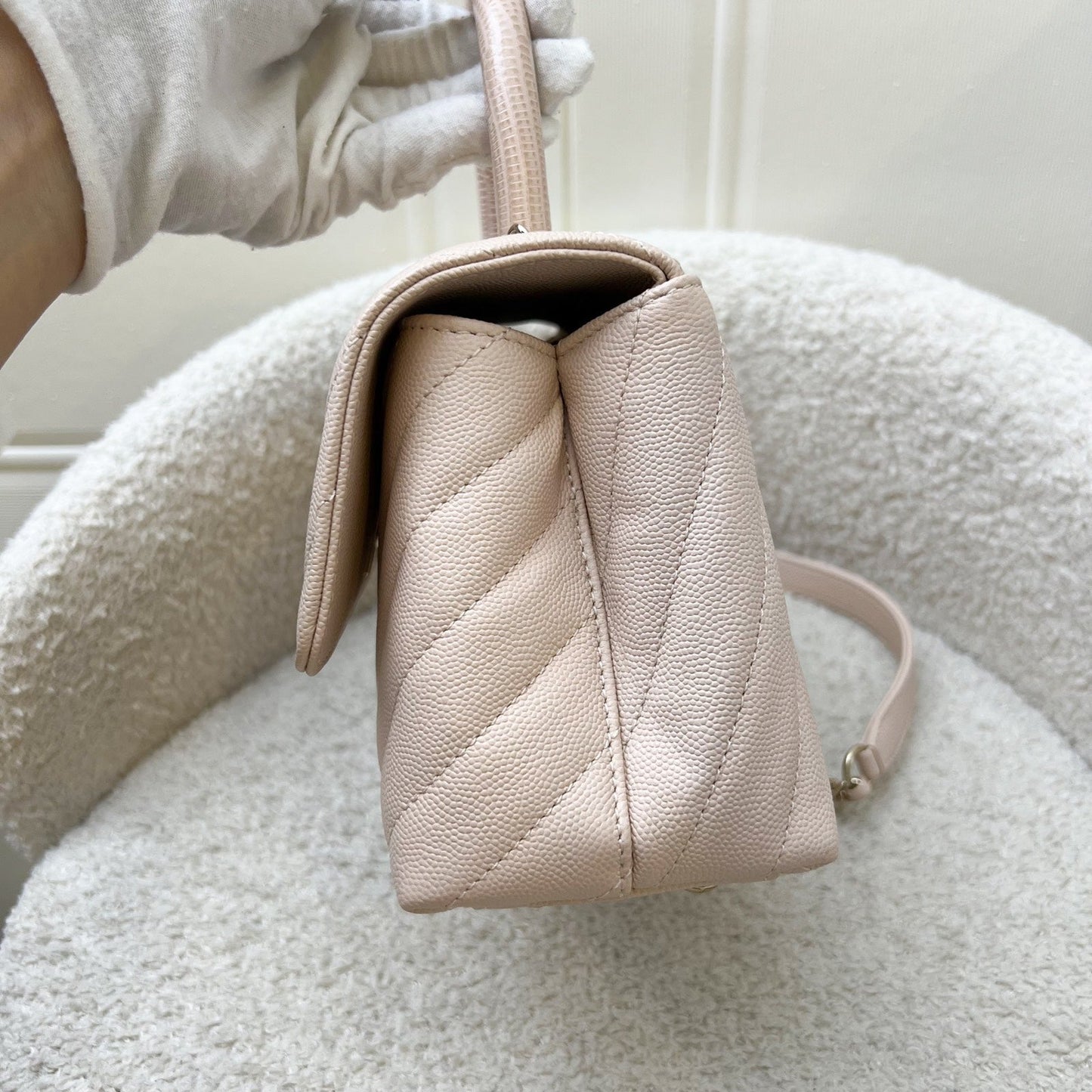 Chanel Small Coco Handle in Chevron Quilted Beige Pink Caviar and LGHW Accessory