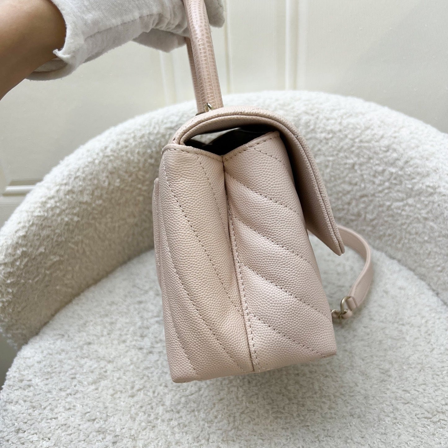 Chanel Small Coco Handle in Chevron Quilted Beige Pink Caviar and LGHW Accessory