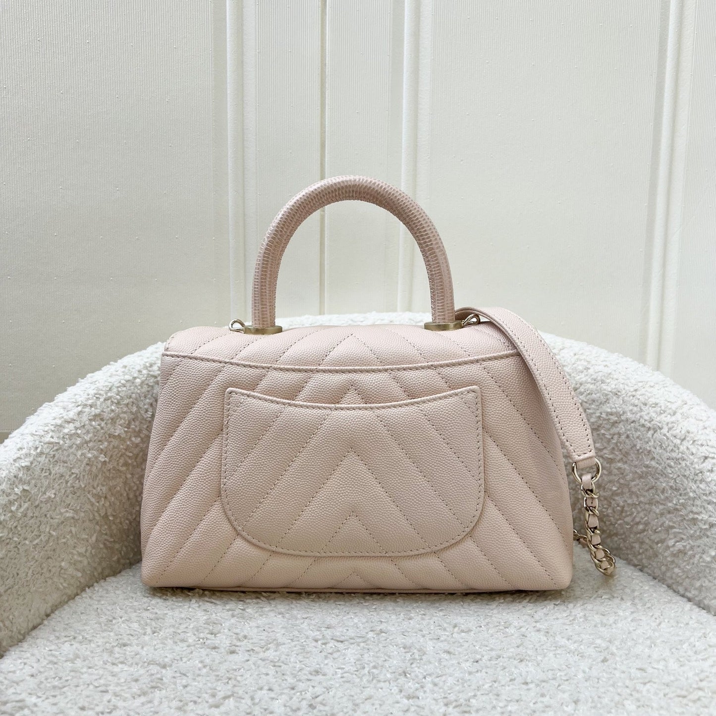 Chanel Small Coco Handle in Chevron Quilted Beige Pink Caviar and LGHW Accessory