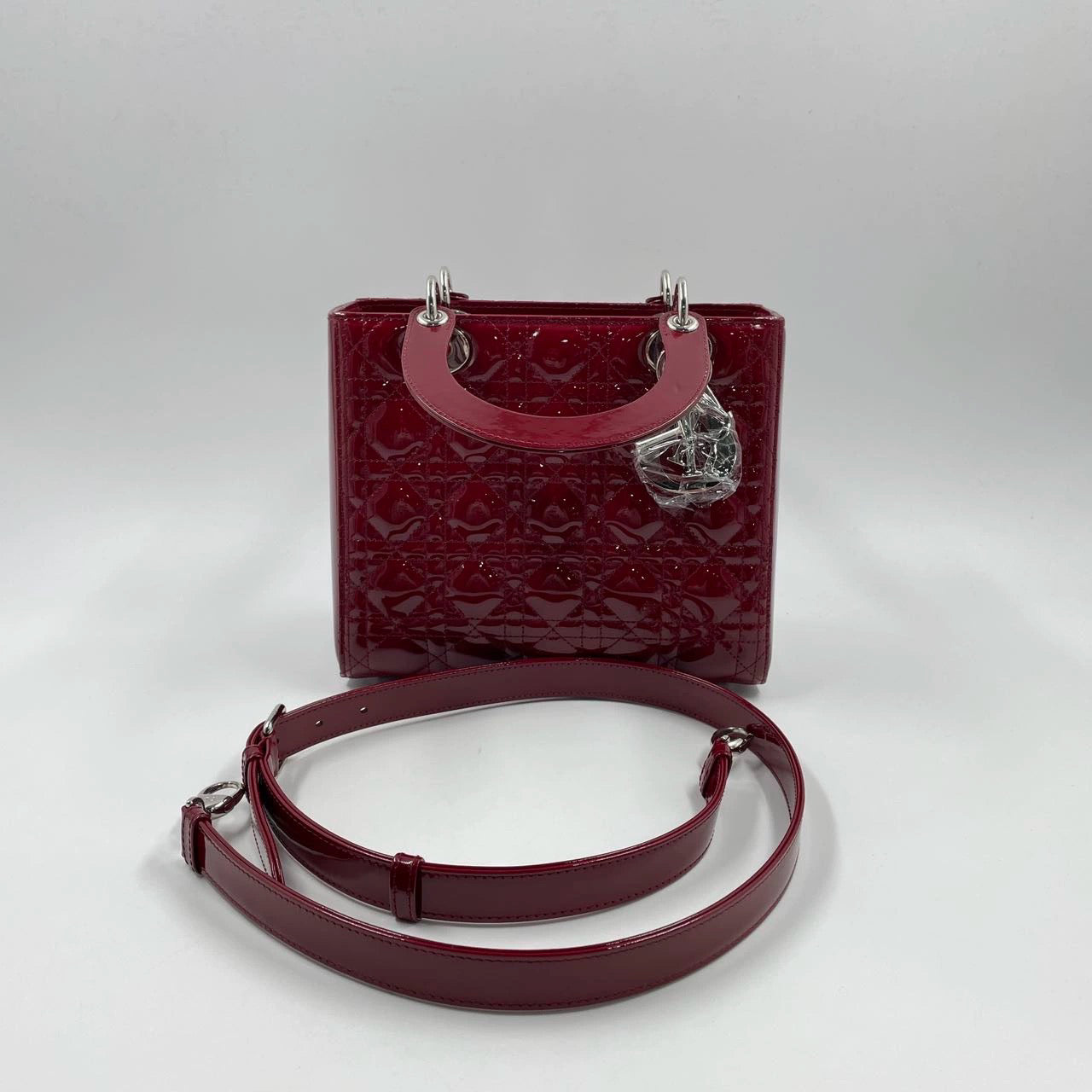 Dior Lady Burgundy Patent Handbag Adjustable Strap Leather Medium Travel Bag