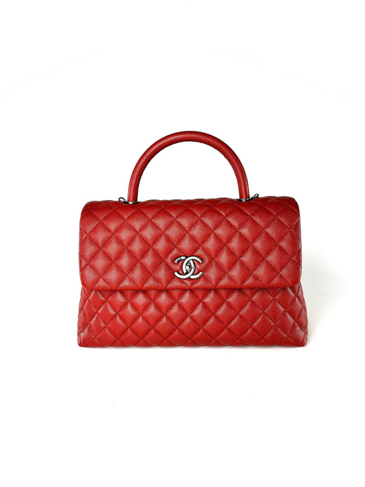 Red Medium Coco Handle Top Handle Quilted Caviar Leather Bag Signature