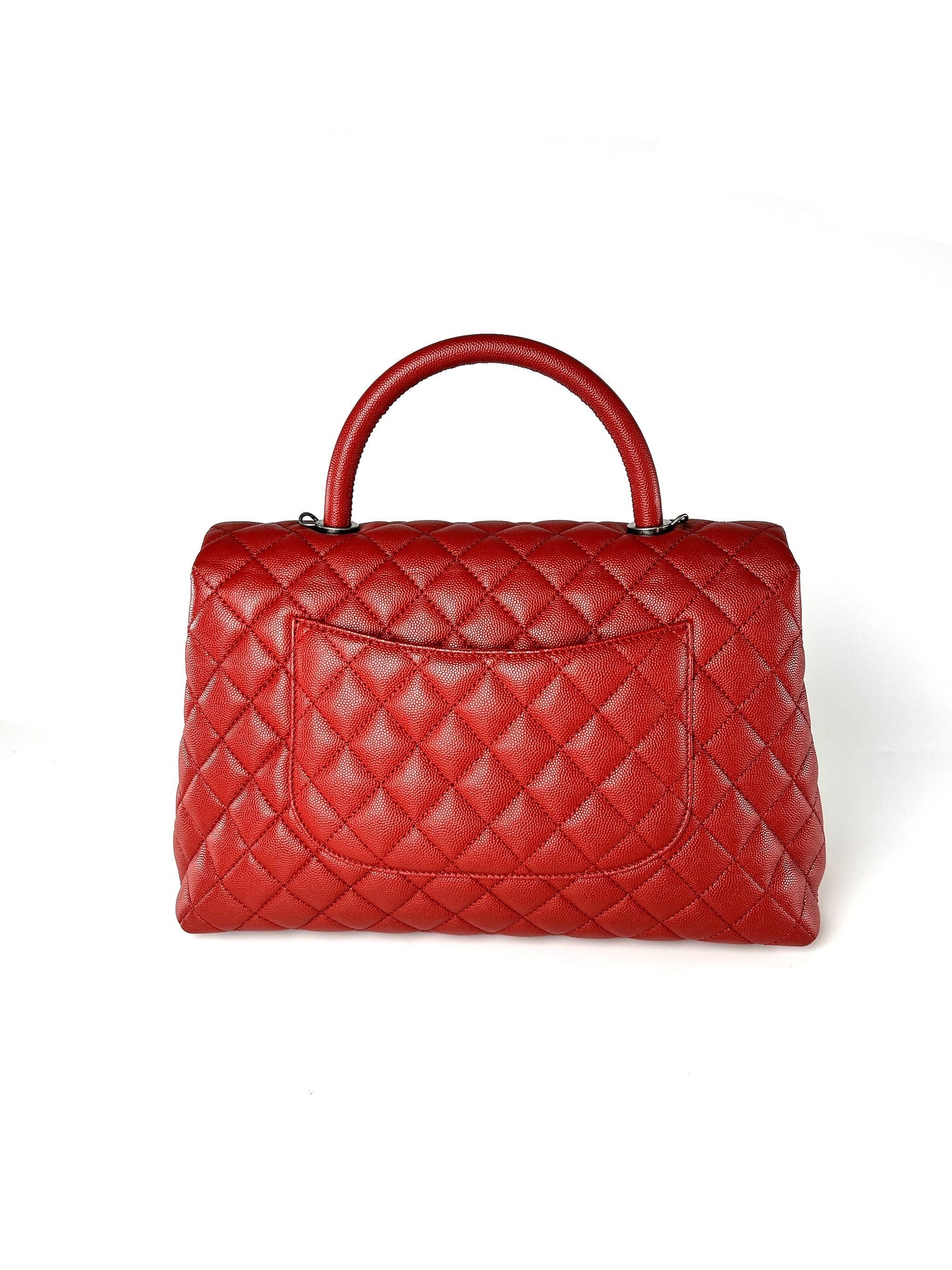Red Medium Coco Handle Top Handle Quilted Caviar Leather Bag Signature