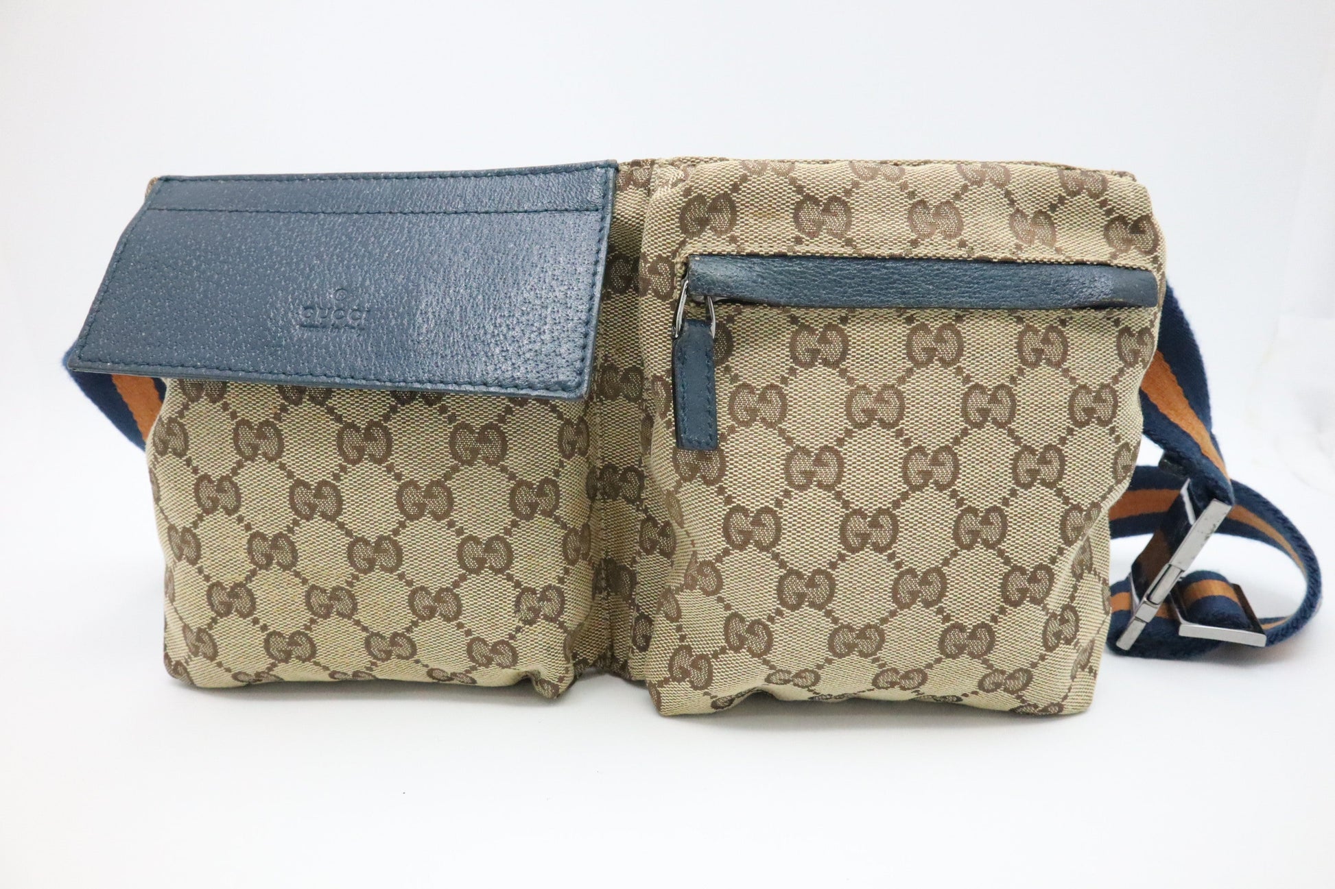 Gucci Waist GG & Leather Canvas Brown Blue Handbag