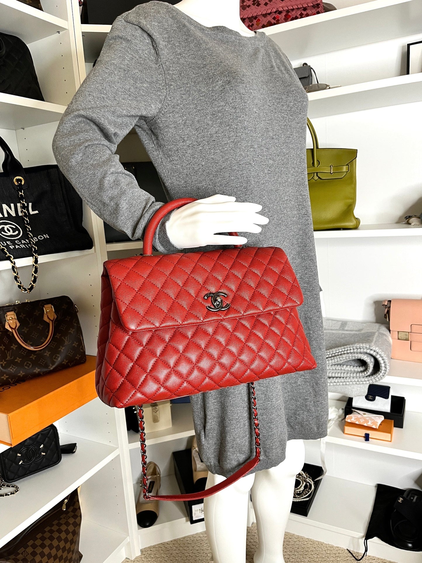 Red Medium Coco Handle Top Handle Quilted Caviar Leather Bag Signature