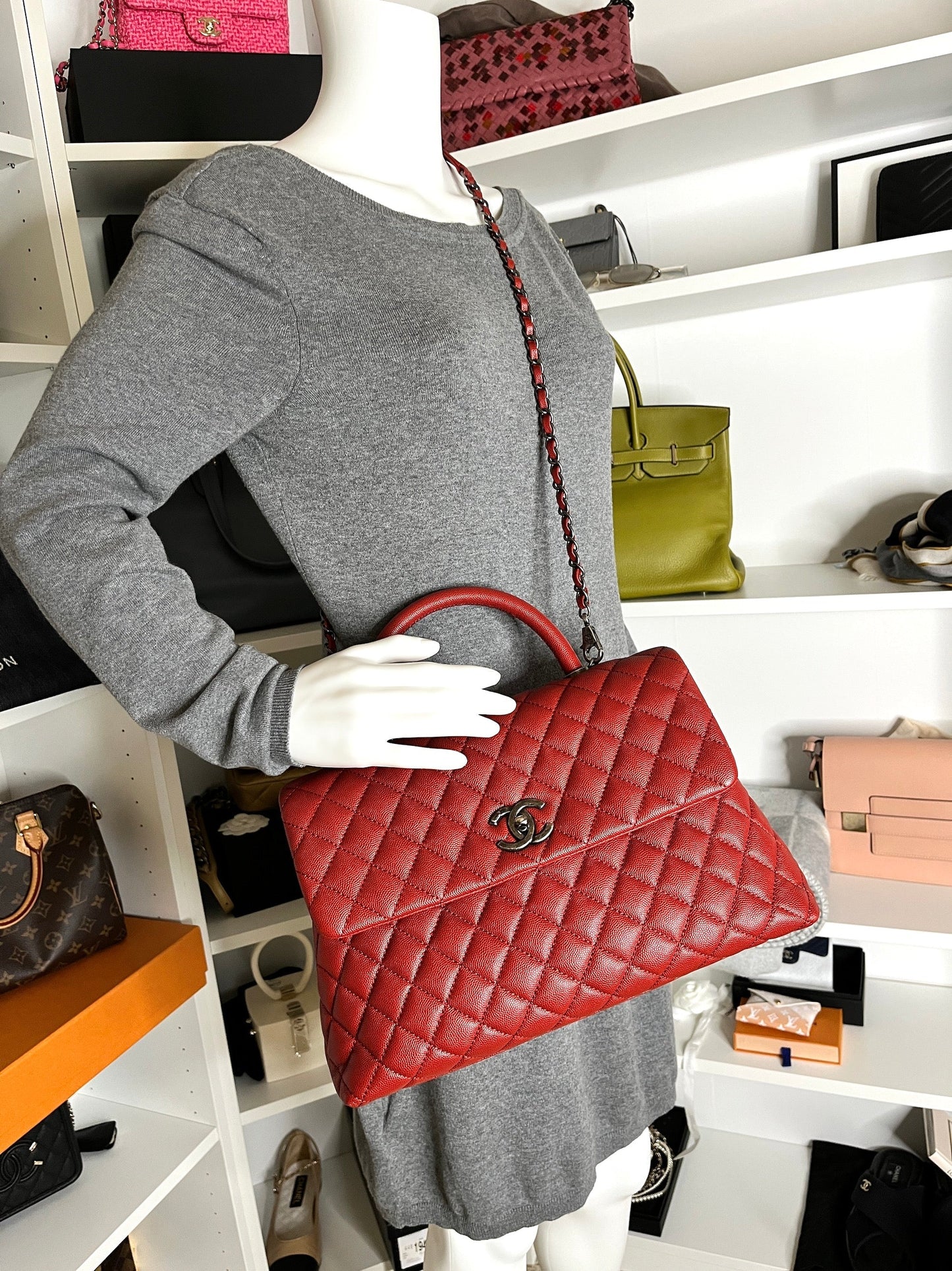 Red Medium Coco Handle Top Handle Quilted Caviar Leather Bag Signature