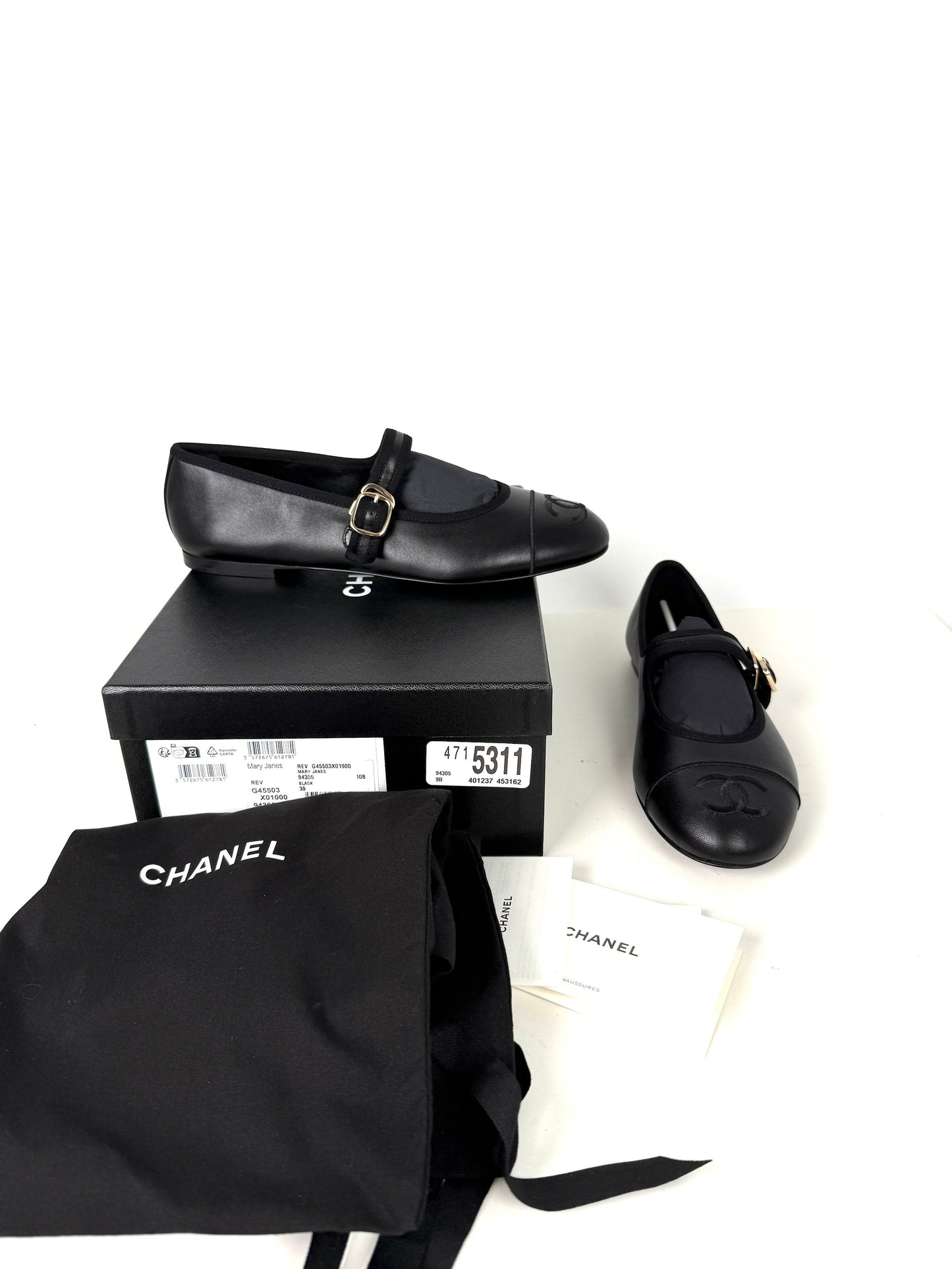 Chanel Mary Janes 2025 Black Cap Toe CC Logo Flats 39 8