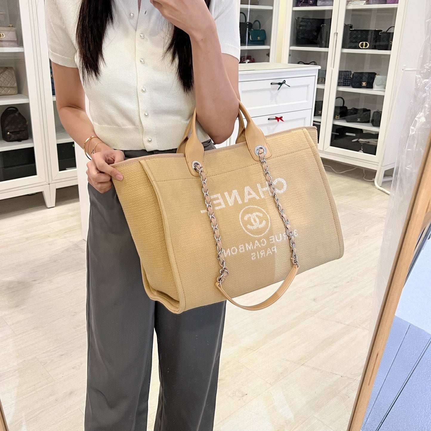 Chanel Large Deauville Tote in Beige Fabric SHW