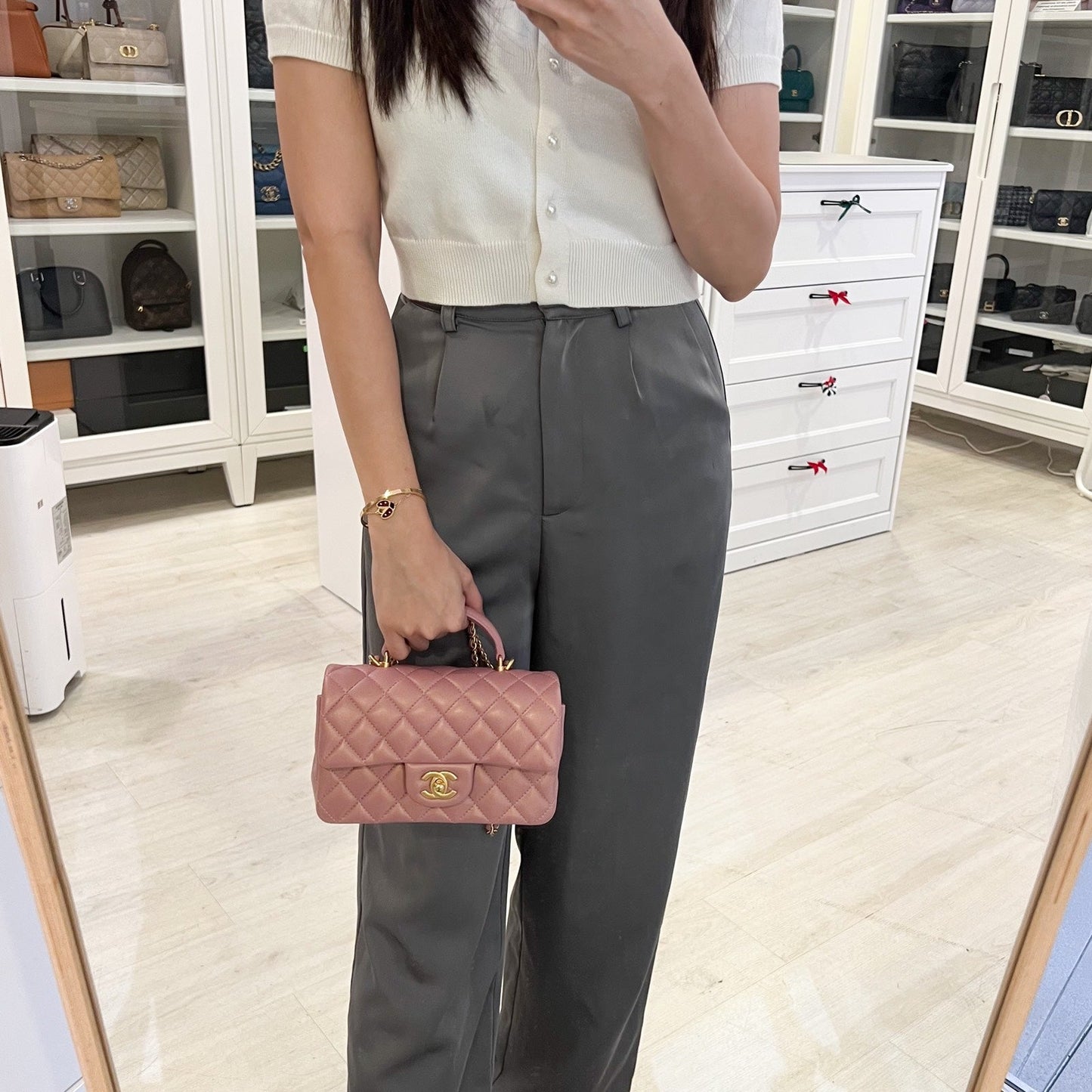 Chanel Top Handle Mini Rectangle Flap in Pink Lambskin AGHW Bag