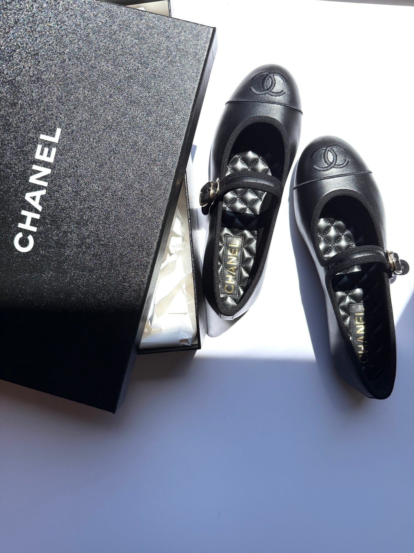 Chanel Mary Janes 2025 Black Cap Toe CC Logo Flats 39 8