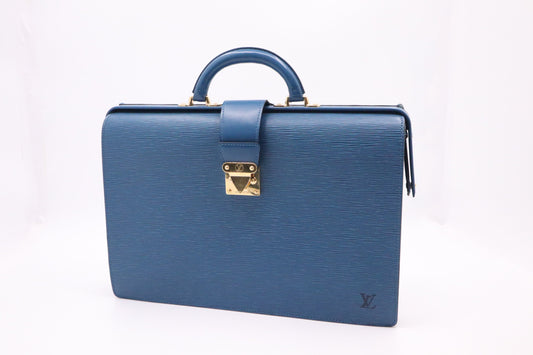 Louis Vuitton Serviette Fermoir Blue Leather Epi Handbag