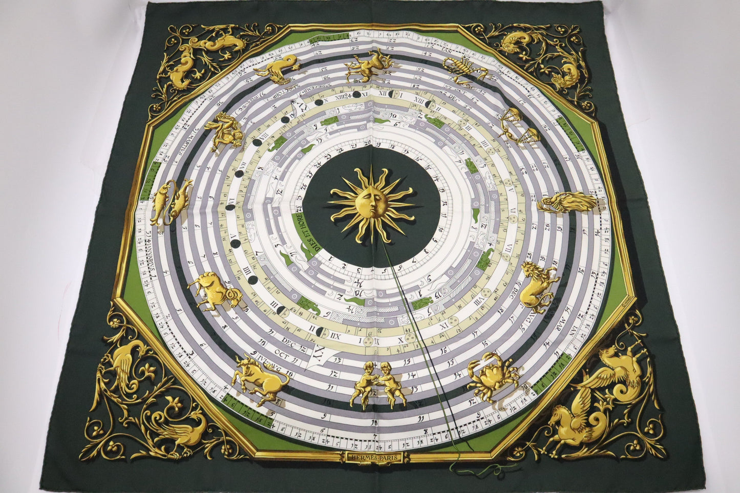 Hermes Carre Astrologie "Dies Et Hore" In Silk Green Travel Bag