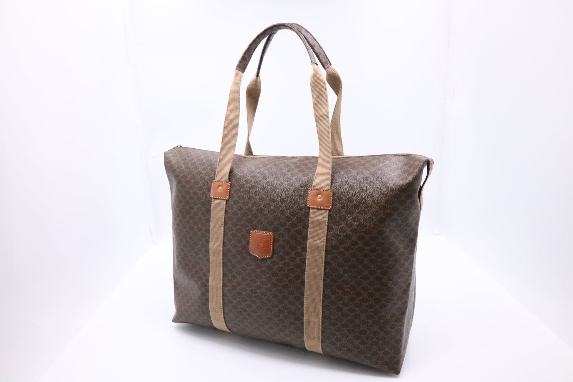 Celine Travel Tote In Triomphe Macadam Coated Handbag Canvas Brown Tote Bag