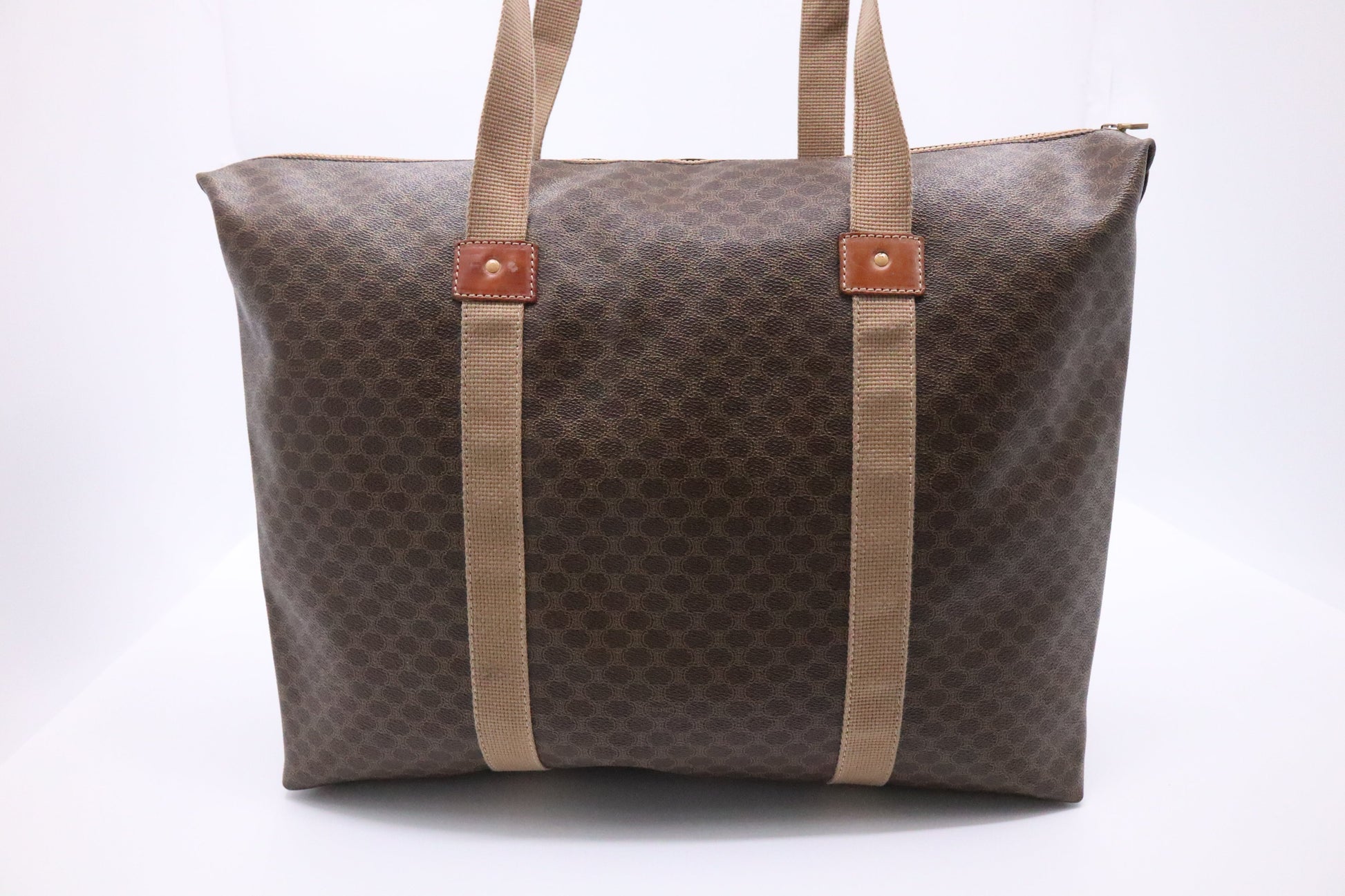 Celine Travel Tote In Triomphe Macadam Coated Handbag Canvas Brown Tote Bag
