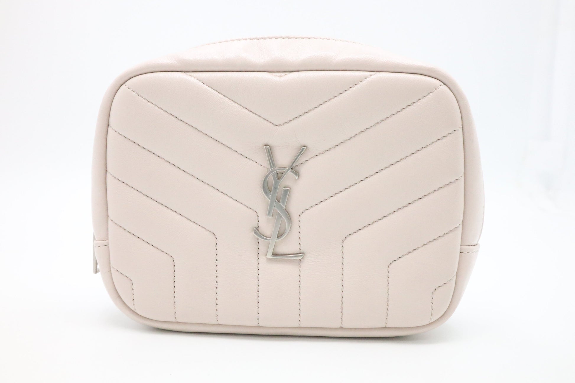 YSL Saint Laurent Loulou Cosmetic Pouch In Chevron Handbag Leather Pink Travel Bag