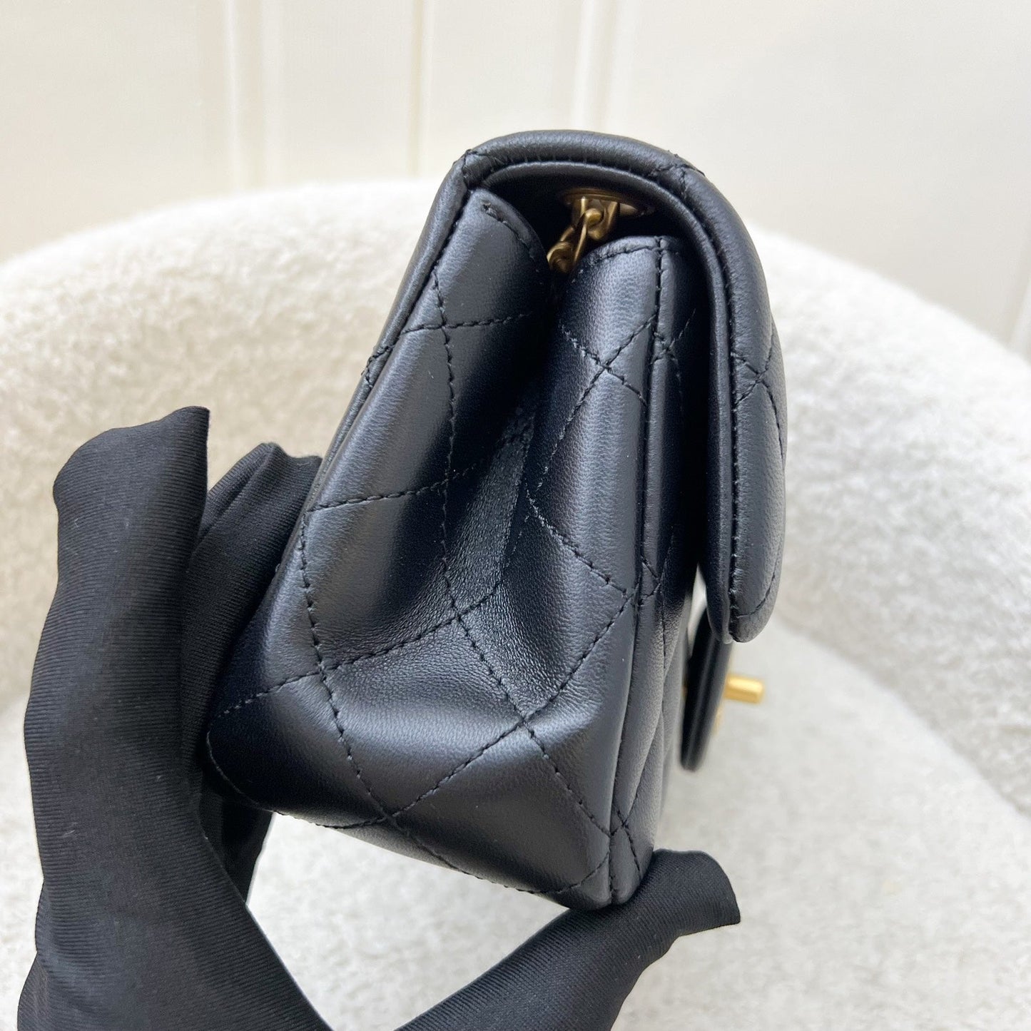 Chanel Mini Rectangular Flap Bag with Camellia Flower Adjustable Chain in Black Stiff Lambskin and AGHW (Model: )