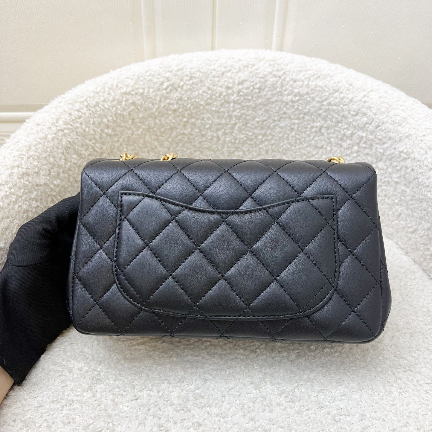 Chanel Mini Rectangular Flap Bag with Camellia Flower Adjustable Chain in Black Stiff Lambskin and AGHW (Model: )