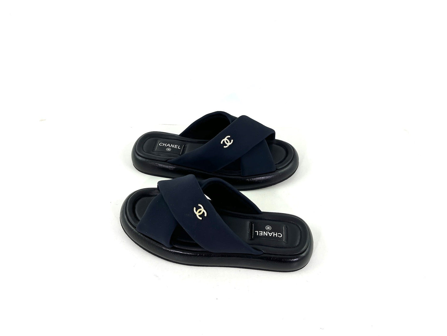 Chanel Puffy 2022 Criss Cross Black Slide Sandals 41 10