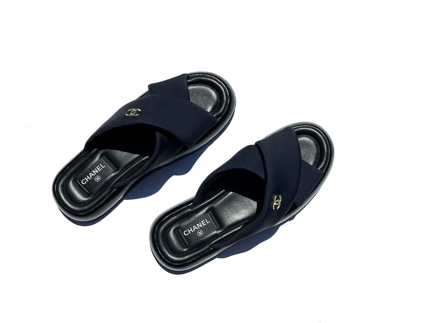 Chanel Puffy 2022 Criss Cross Black Slide Sandals 41 10