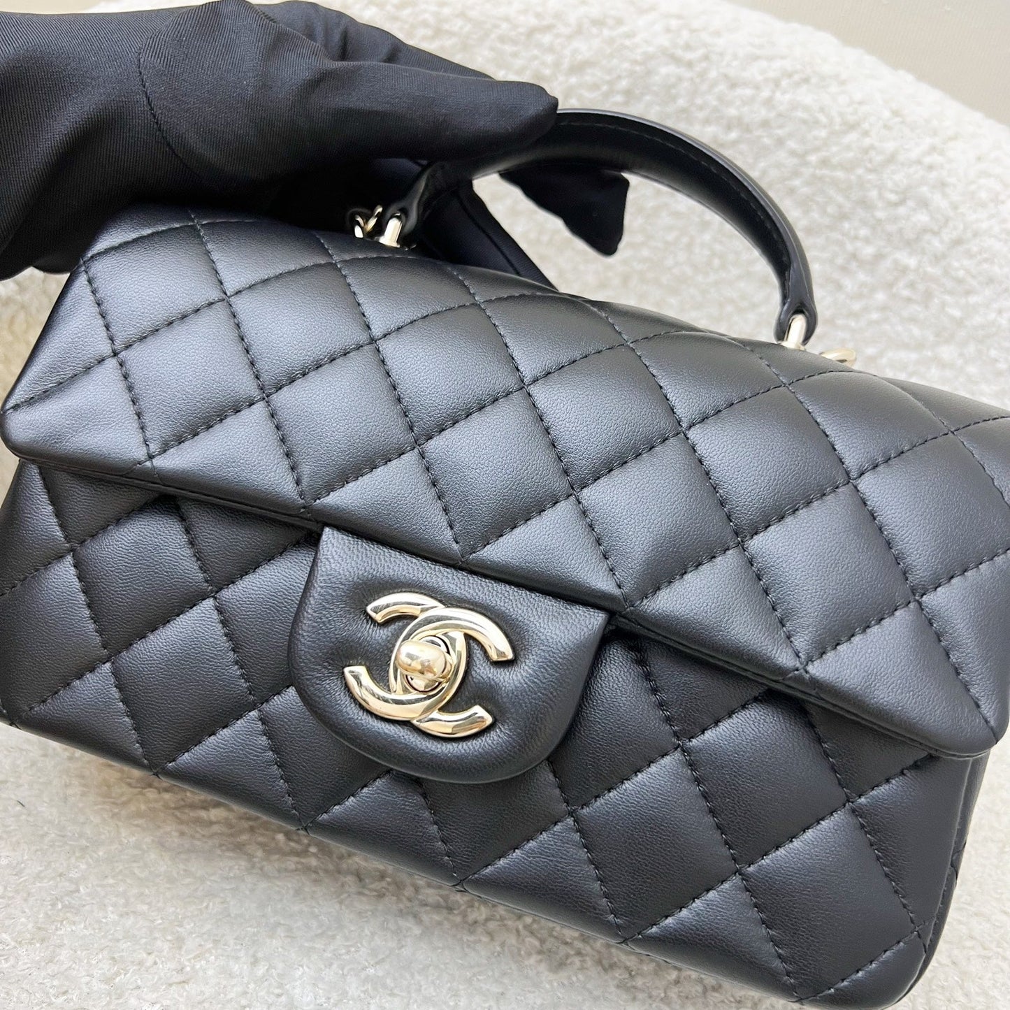 Chanel Classic Top Handle Mini Rectangle Flap in Black Lambskin and LGHW (Model: ) Bag
