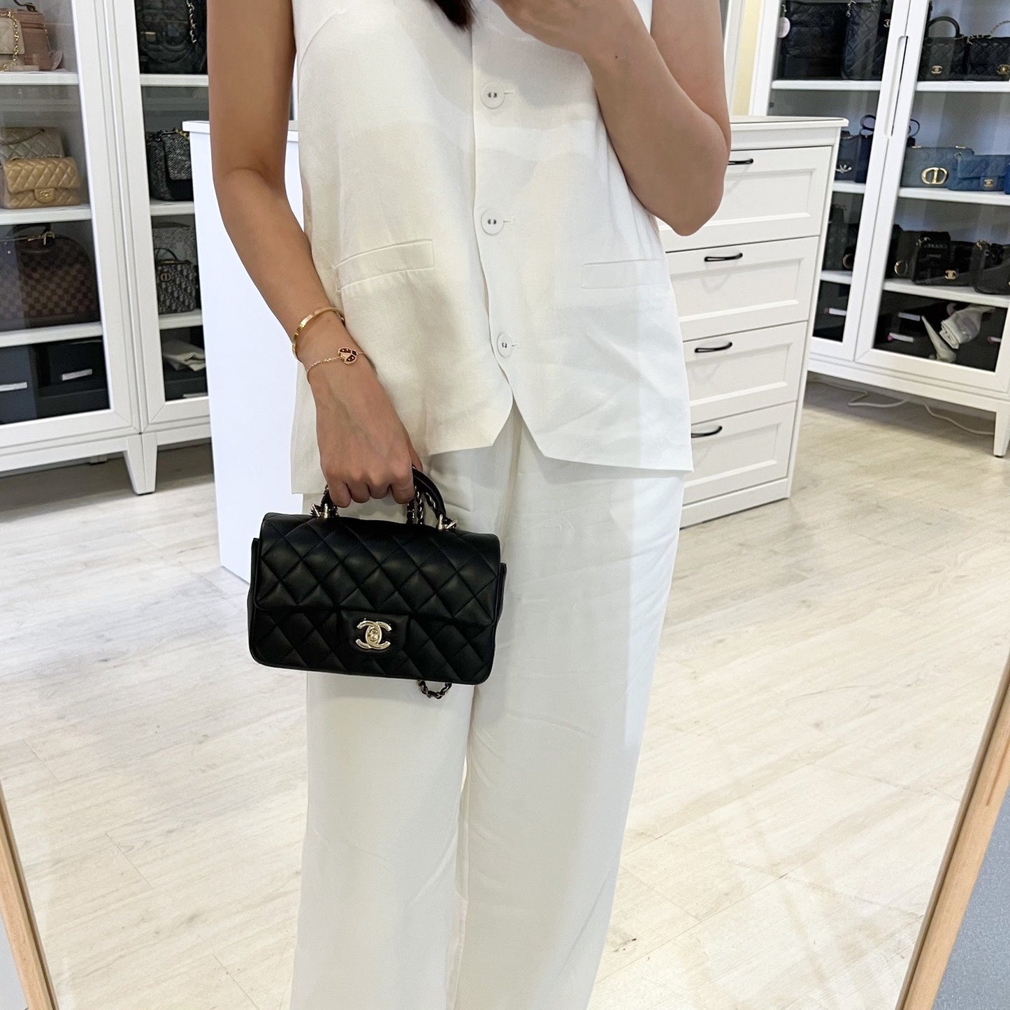 Chanel Classic Top Handle Mini Rectangle Flap in Black Lambskin and LGHW (Model: ) Bag