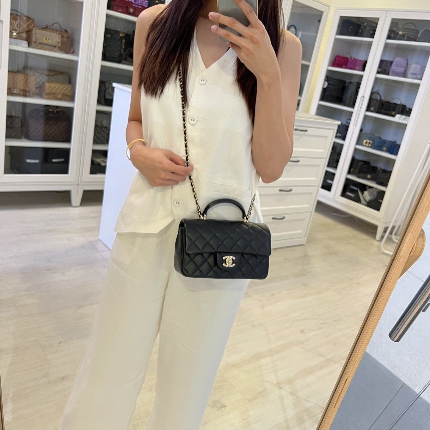 Chanel Classic Top Handle Mini Rectangle Flap in Black Lambskin and LGHW (Model: ) Bag