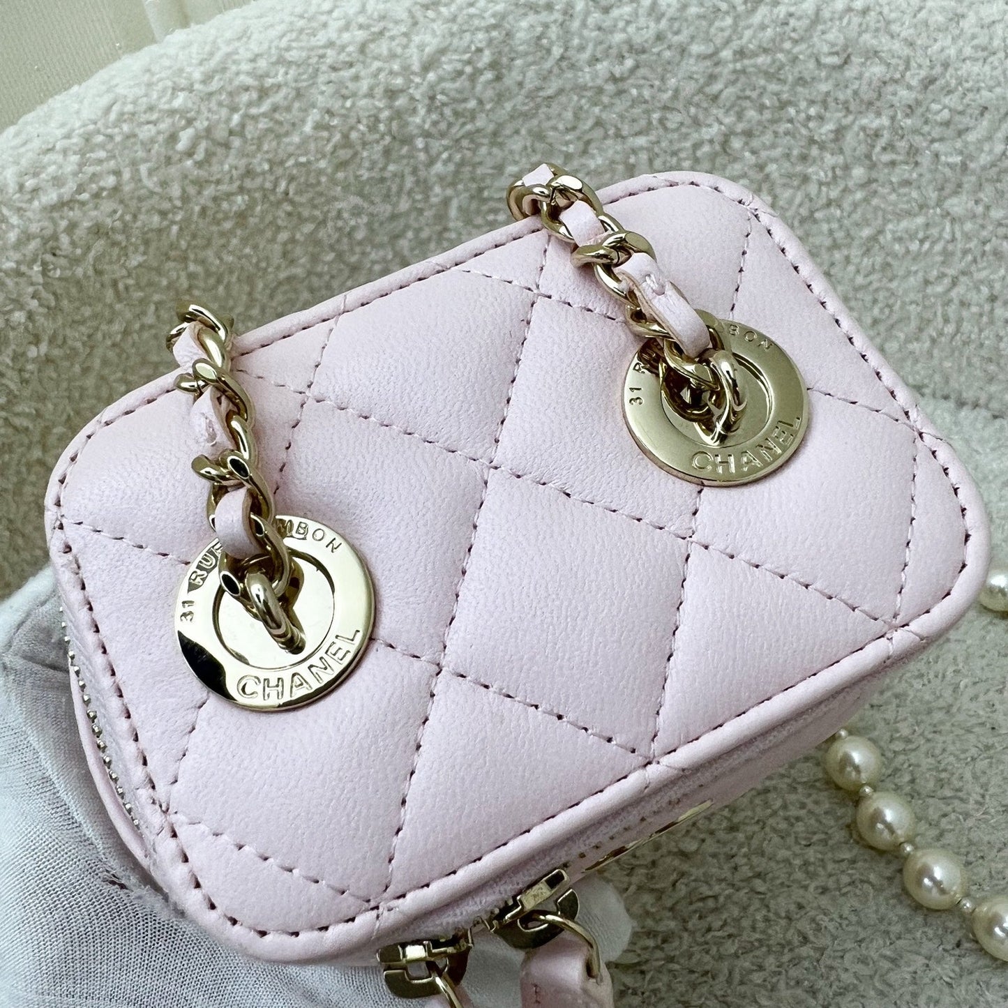 Chanel Mini Vanity with Pearl Chain in Pink Lambskin and LGHW (Model: )