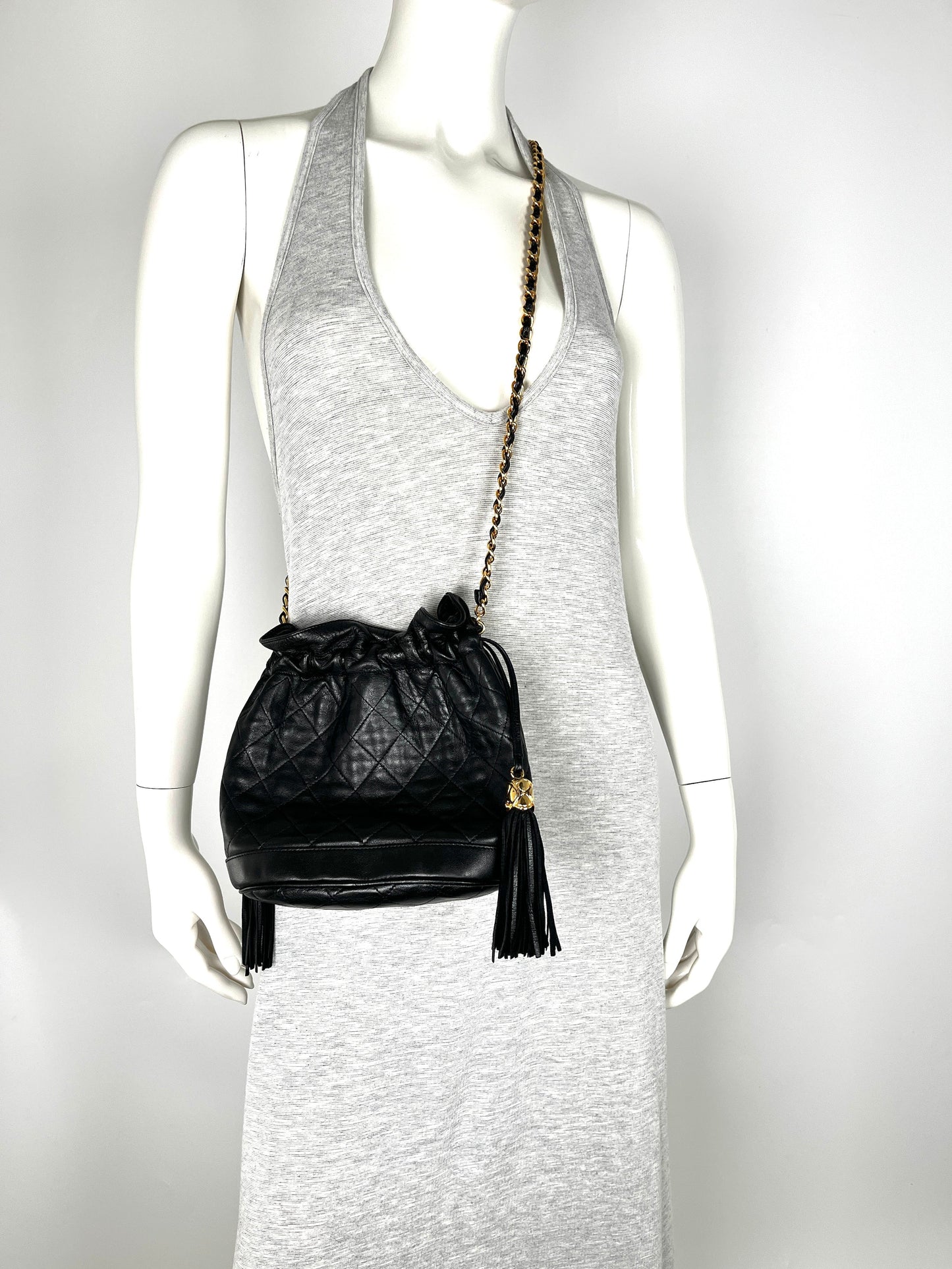 Chanel Gold Black Lambskin Leather Quilted Bucket Shoulder Bag