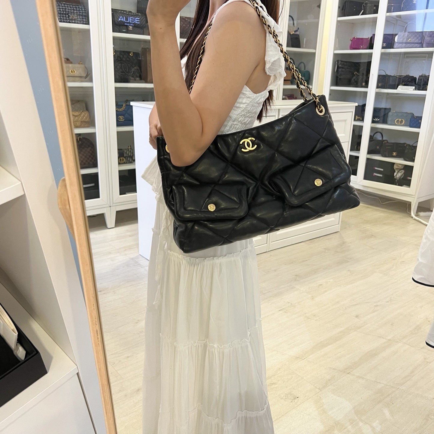 Chanel [Brand New - Oct 2025] Shoulder Shopping Bag in Black Lambskin and AGHW
