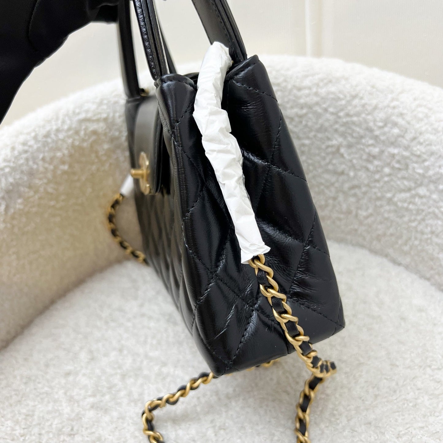 Chanel [Brand New - Nov 2024] Mini / Small Kelly in Black Shiny Distressed Calfskin and AGHW (Model: ) Accessory