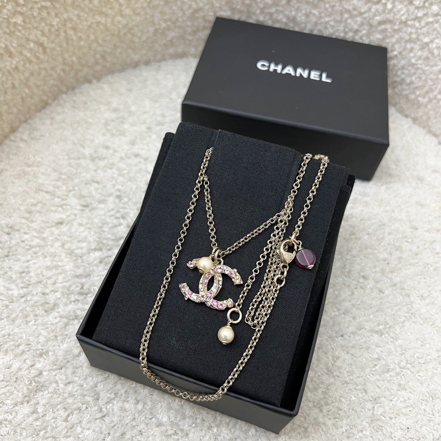 Chanel CC Logo Necklace with Pink and White Crystals in AGHW