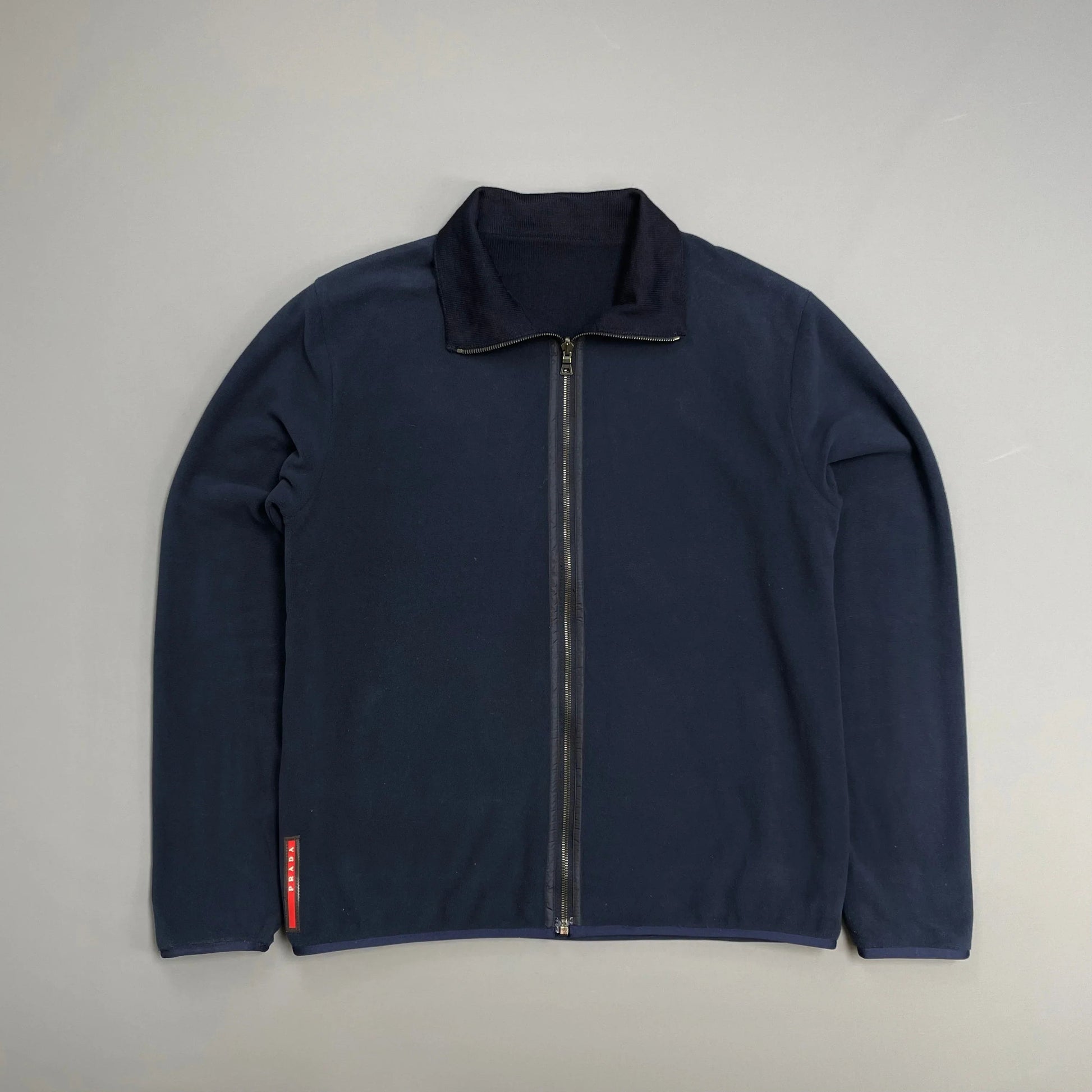Prada Handbag Sport Reversible Fleece & Wool Knit Cardigan Blue Navy Zip
