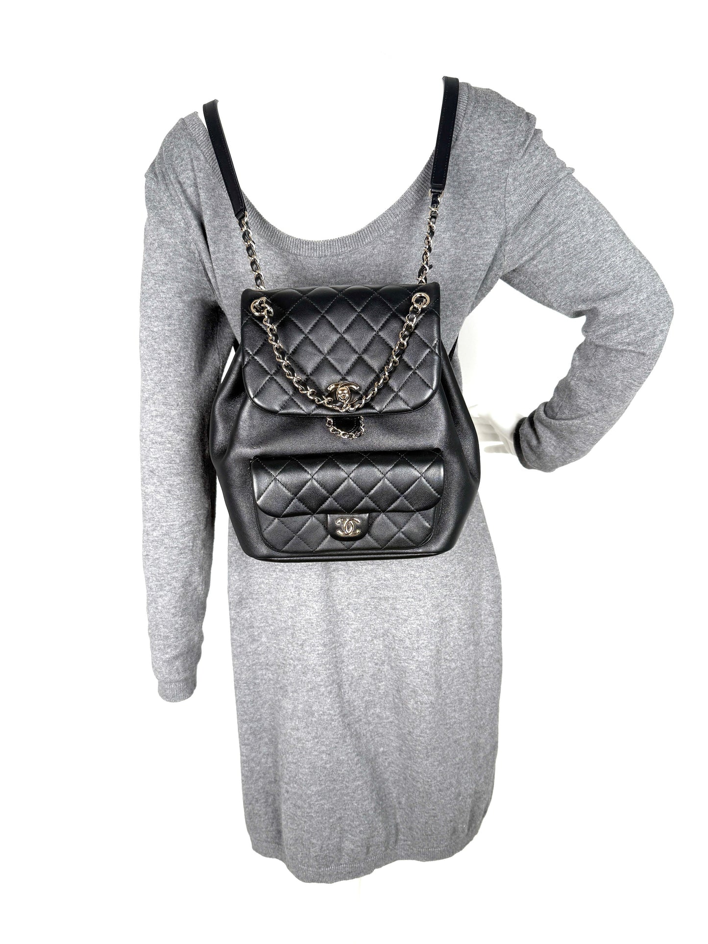 Chanel Small Duma Black Quilted CC Leather Drawstring Backpack Bag