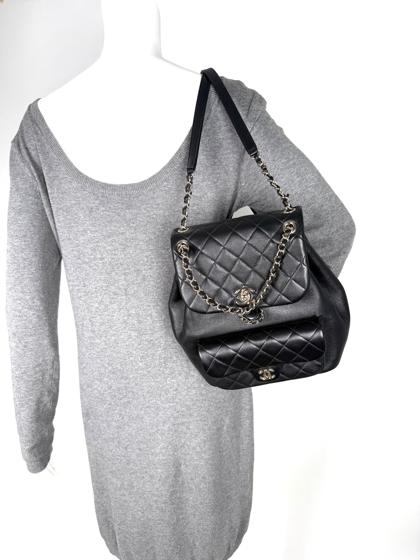 Chanel Small Duma Black Quilted CC Leather Drawstring Backpack Bag