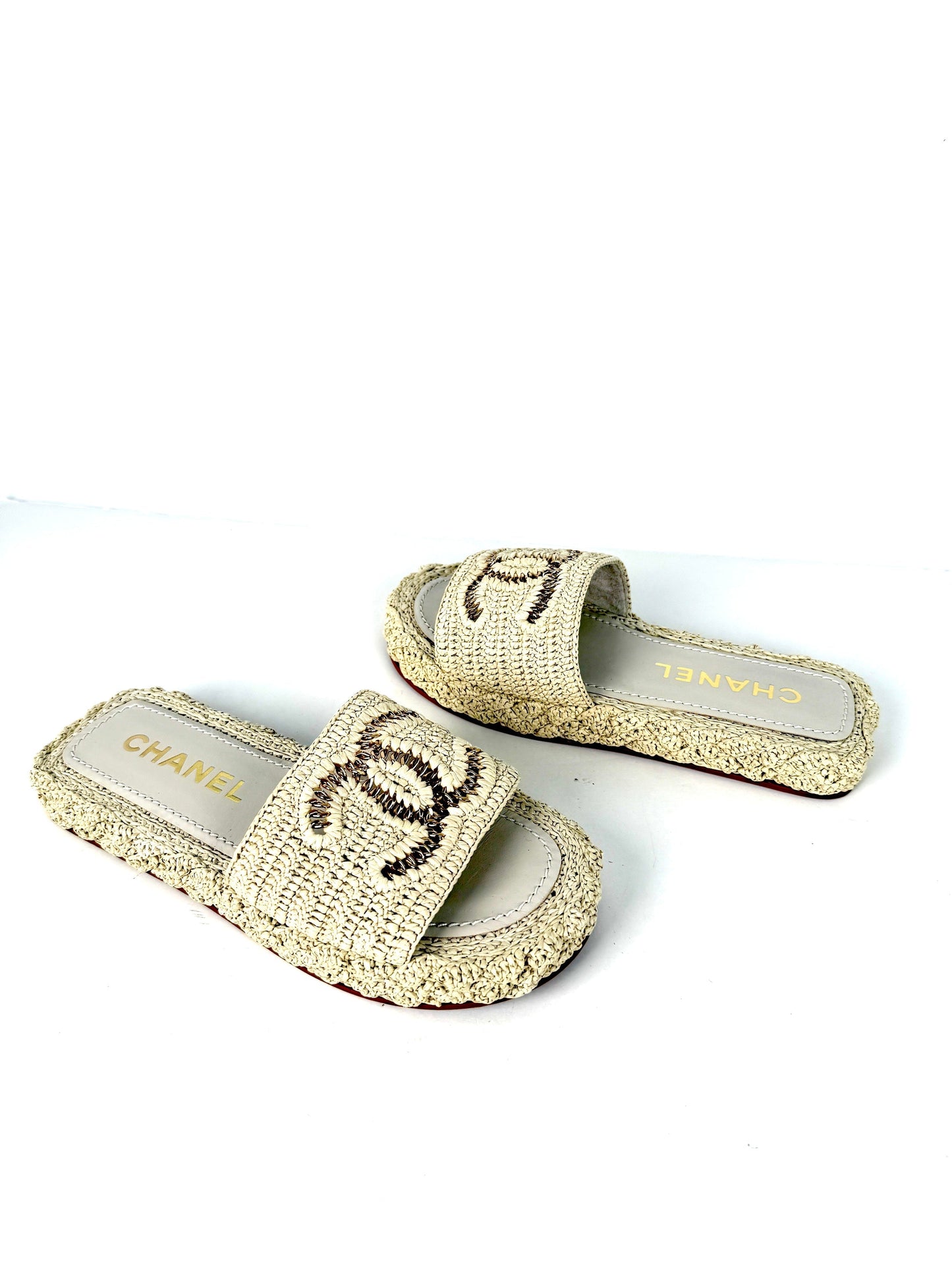 Chanel New Raffia CC Logo Neutral Slip on Espadrille Slide Sandals 38 7.5