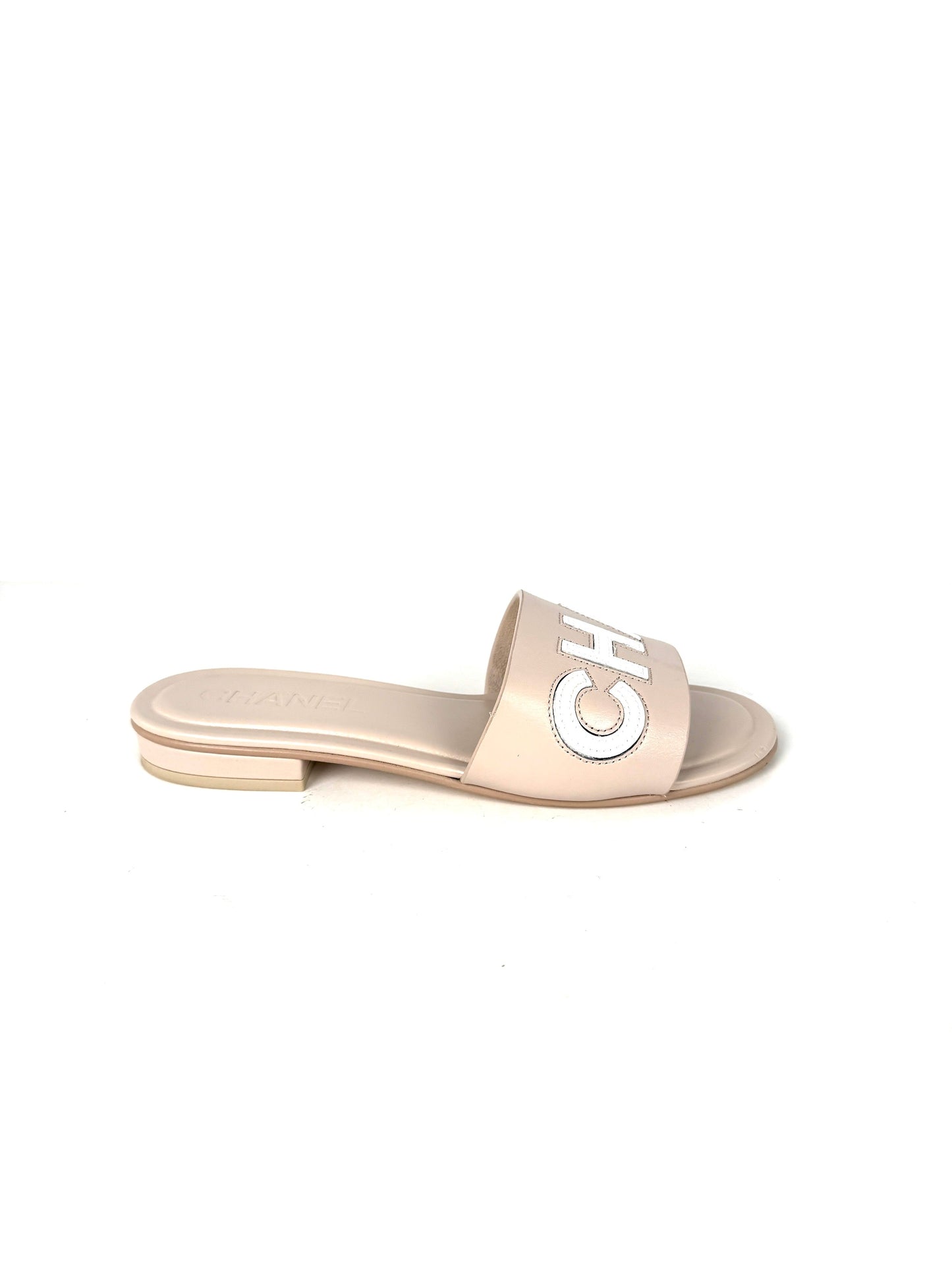 Chanel Print Logo Neutral White Slip on Leather Slide Sandals 38 7.5