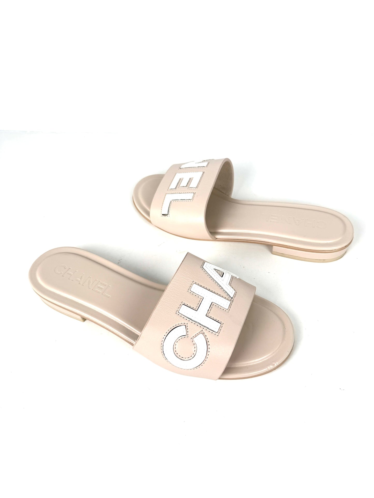 Chanel Print Logo Neutral White Slip on Leather Slide Sandals 38 7.5