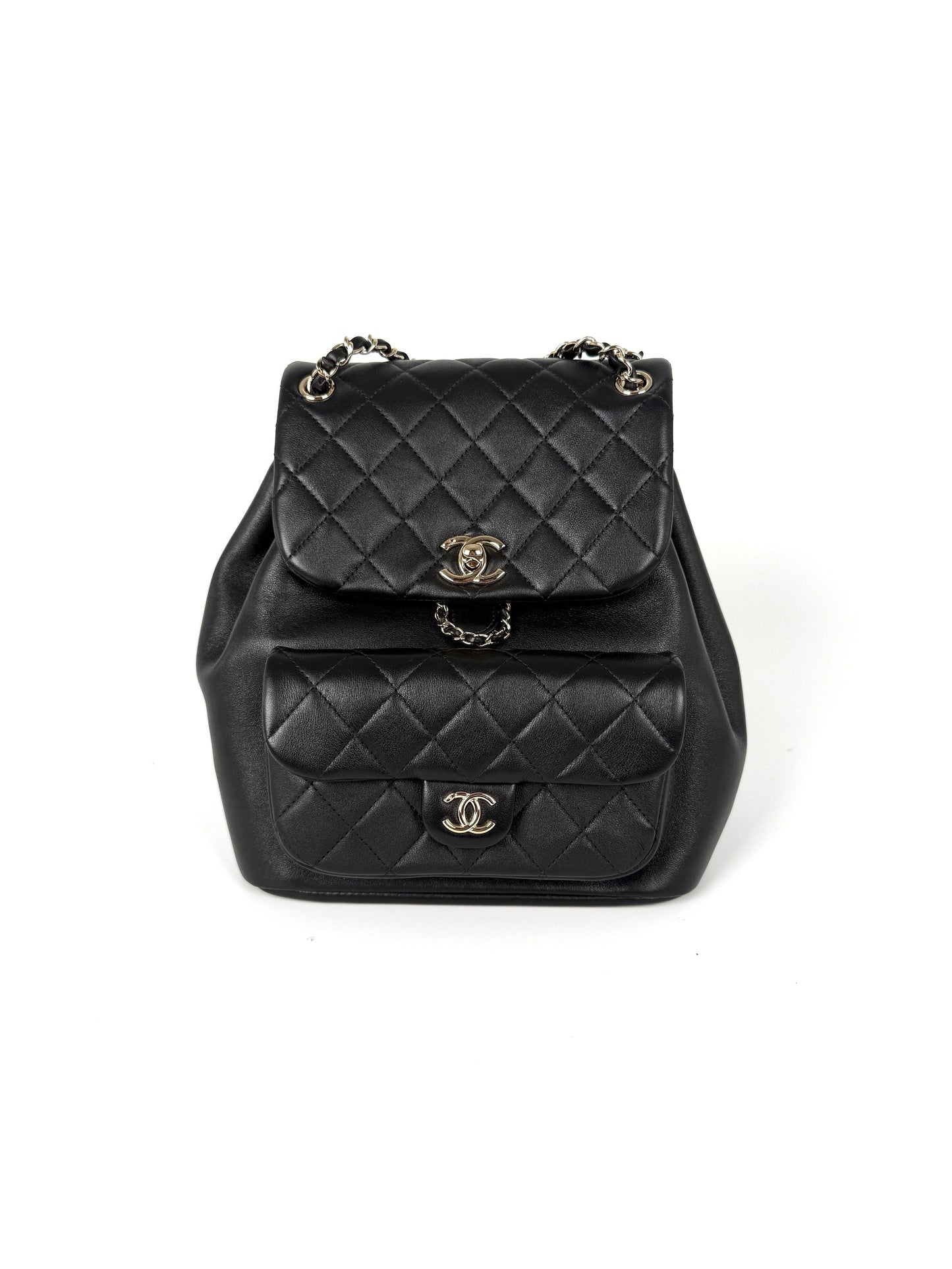 Chanel Small Duma Black Quilted CC Leather Drawstring Backpack Bag