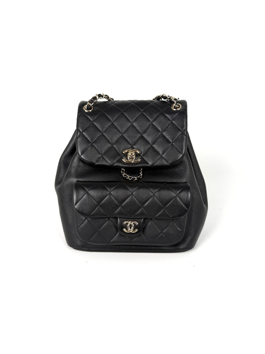 Chanel Small Duma Black Quilted CC Leather Drawstring Backpack Bag