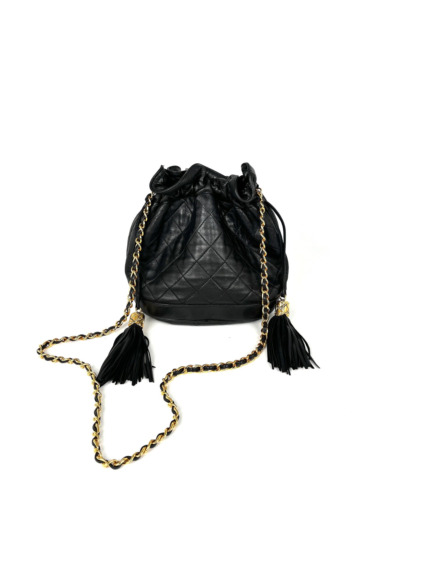 Chanel Gold Black Lambskin Leather Quilted Bucket Shoulder Bag