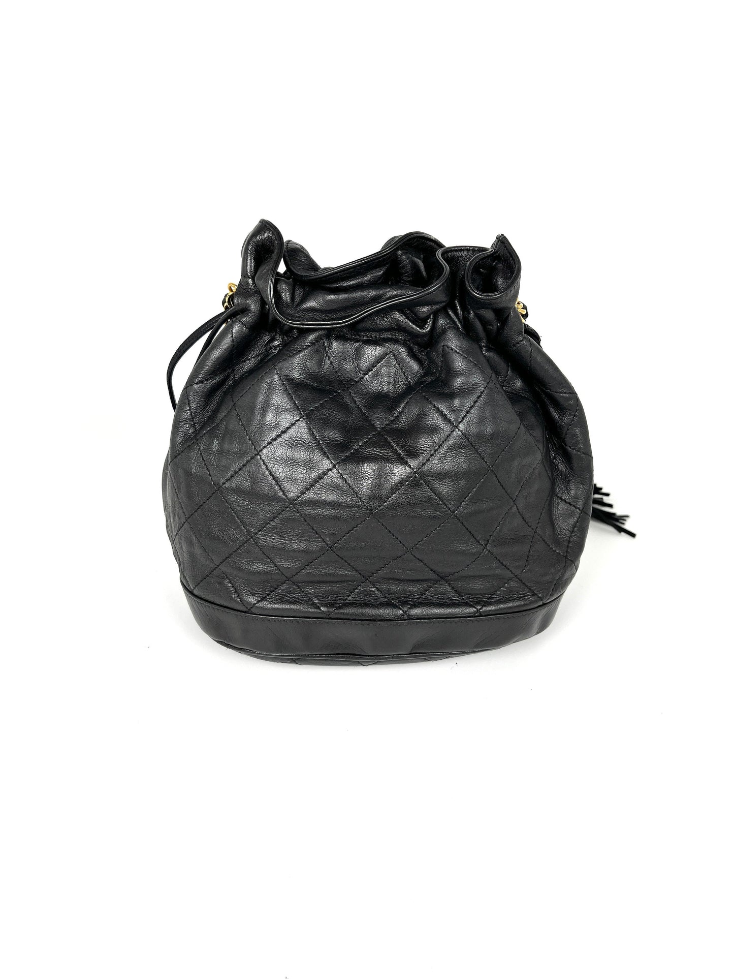 Chanel Gold Black Lambskin Leather Quilted Bucket Shoulder Bag
