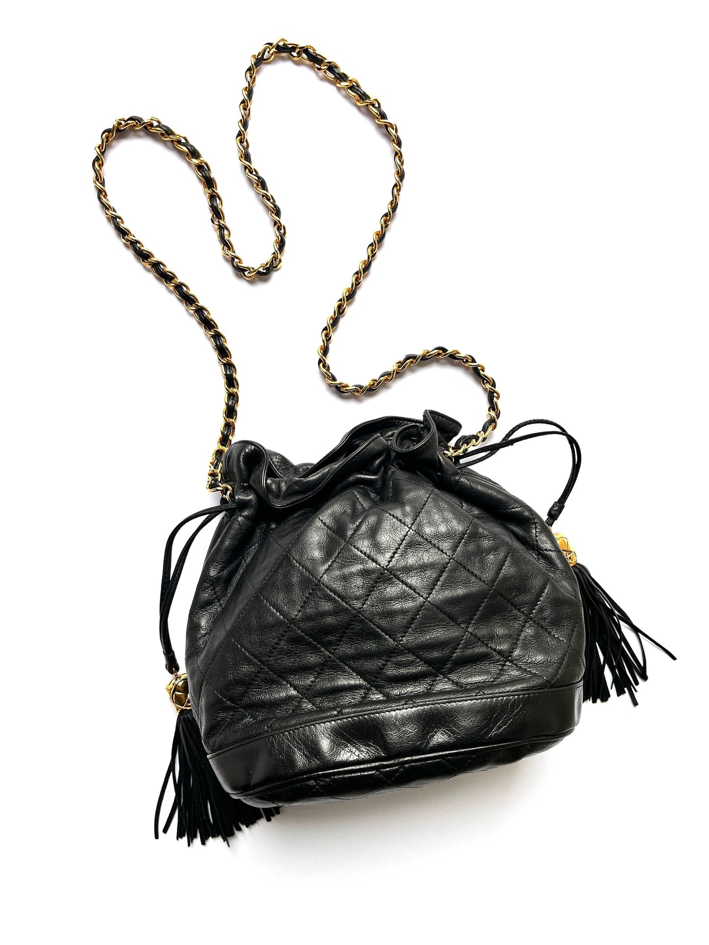 Chanel Gold Black Lambskin Leather Quilted Bucket Shoulder Bag
