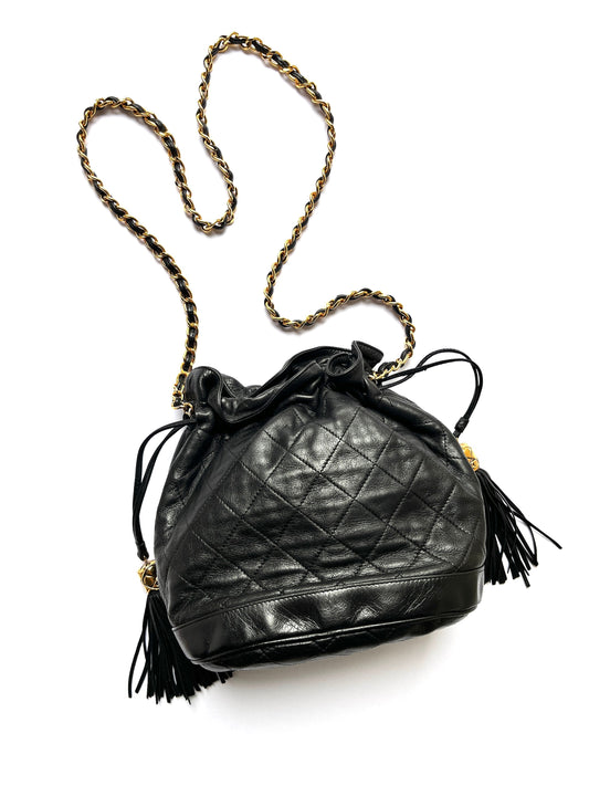 Chanel Gold Black Lambskin Leather Quilted Bucket Shoulder Bag