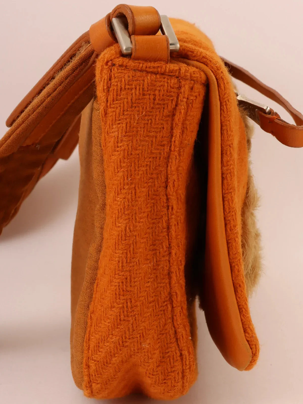 Prada Wool Fur Combination Shoulder Bag Brown Beige Orange