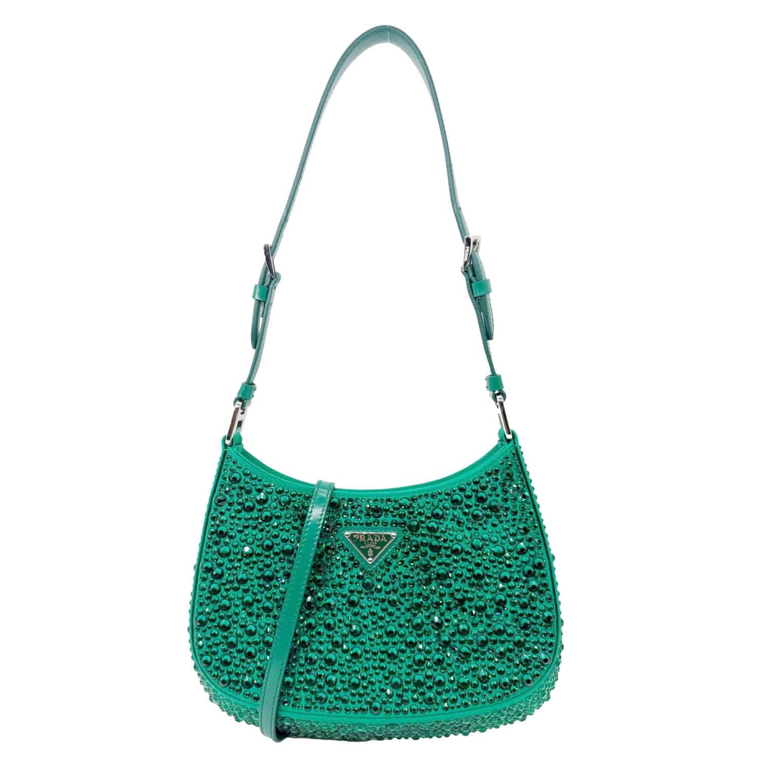 Cleo Cristal Embellished Shoulder Bag Emerald Satin Green