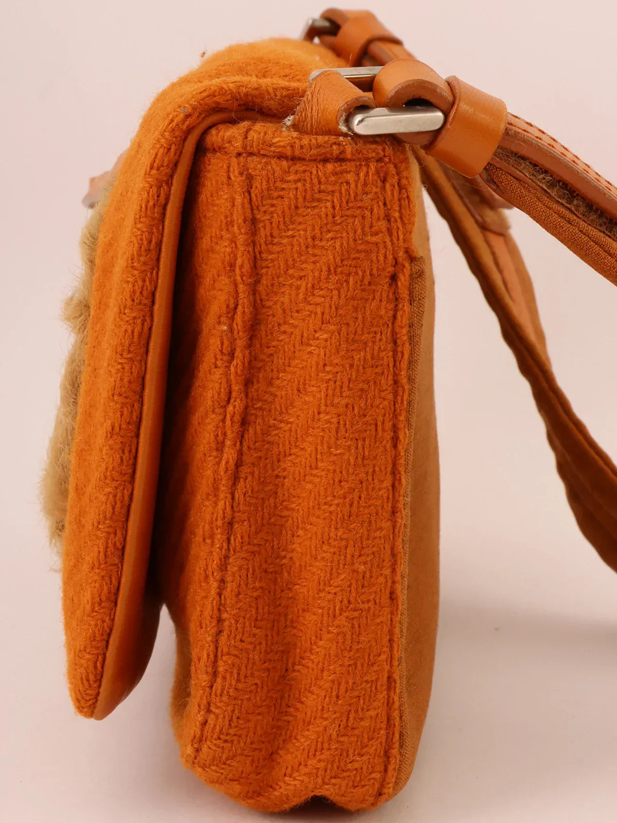 Prada Wool Fur Combination Shoulder Bag Brown Beige Orange