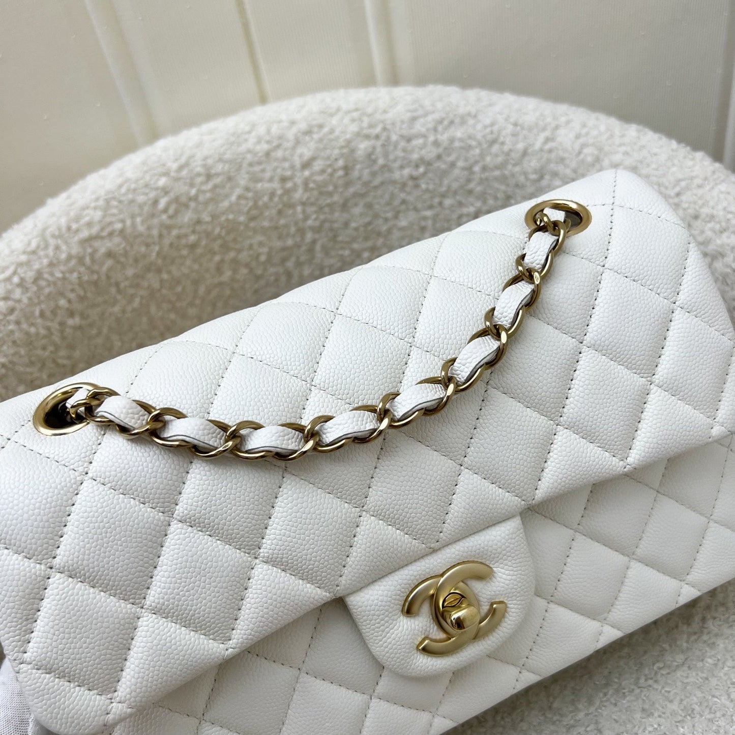 Chanel Small Classic Flap CF in White Caviar and LGHW Accessory