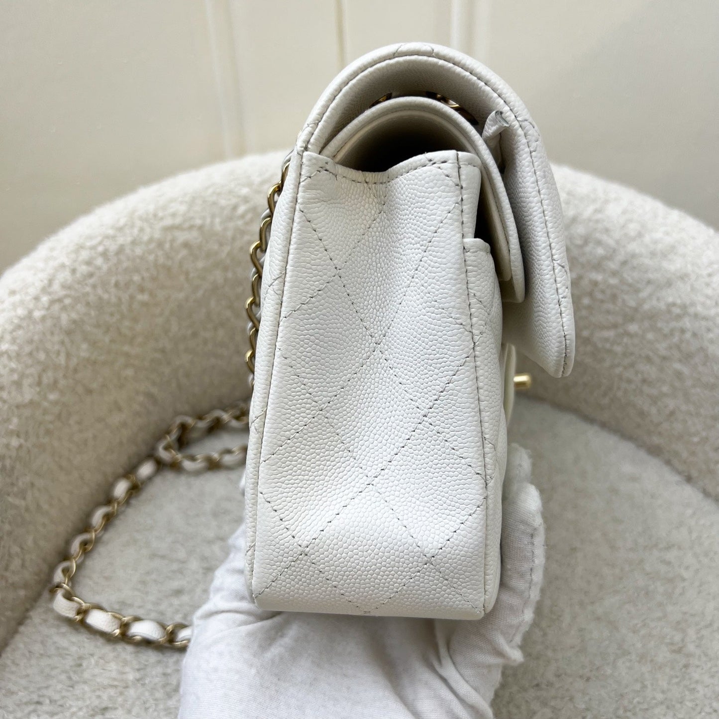 Chanel Small Classic Flap CF in White Caviar and LGHW Accessory