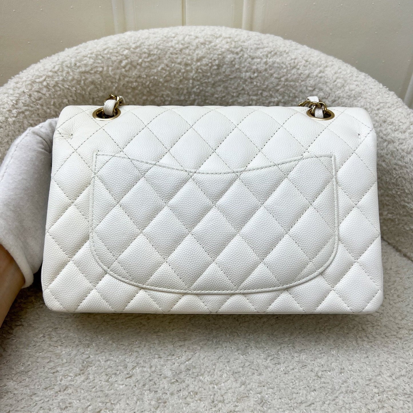 Chanel Small Classic Flap CF in White Caviar and LGHW Accessory